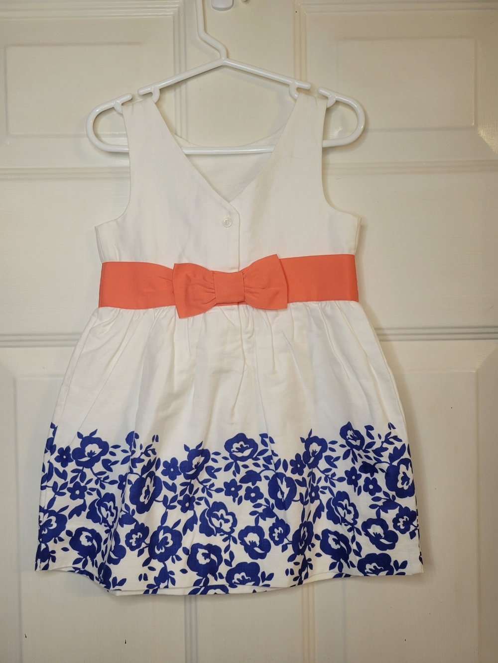 Janie and Jack White Dress with Blue Floral Border and Coral Waistband - Picture 4 of 7